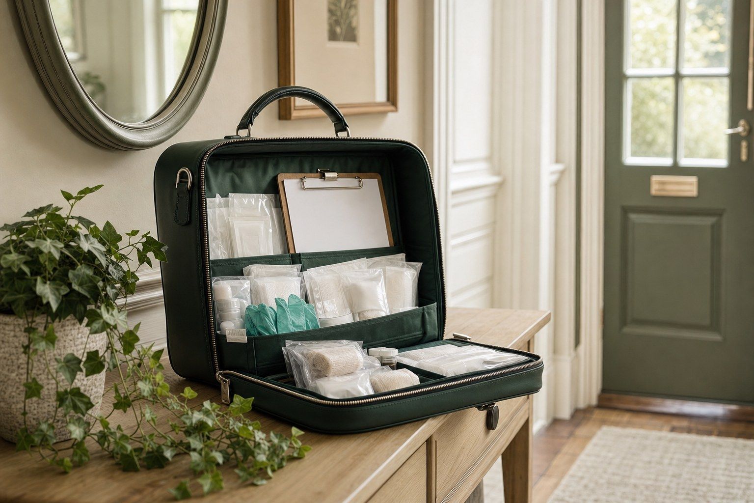 A green leather medical bag packed with sterile supplies on a hallway table beside an ivy plant
