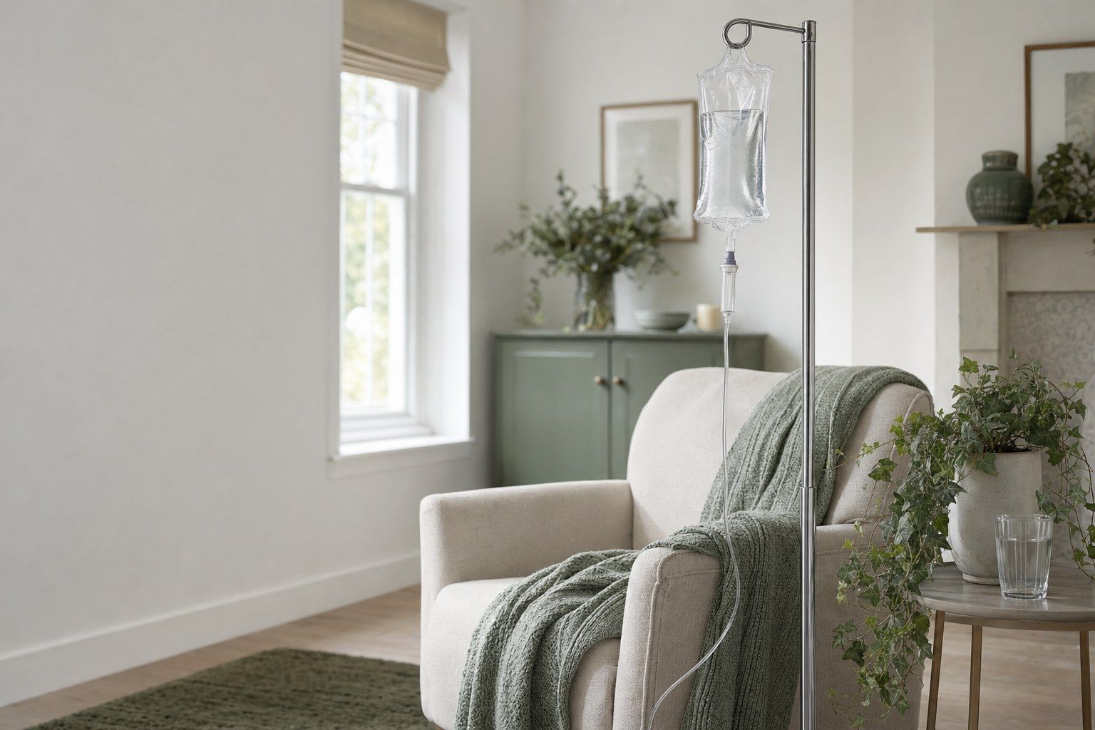 A calm living room with an armchair, a knitted throw, an ivy plant and an IV drip stand